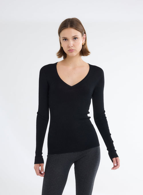 Pull Noir Col Rond Manches Longues - MAJESTIC FILATURES