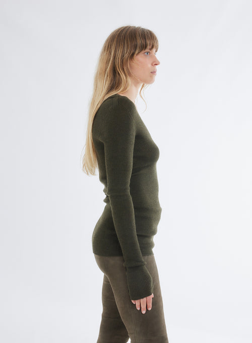 Pull Vert Col Rond Manches Longues - MAJESTIC FILATURES