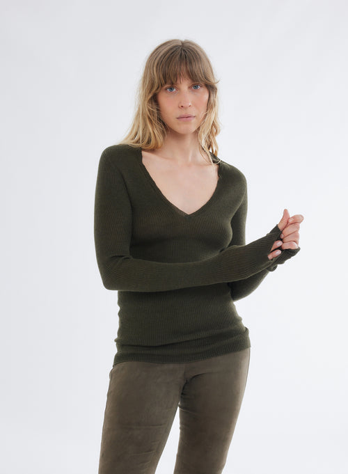 Pull Vert Col Rond Manches Longues - MAJESTIC FILATURES