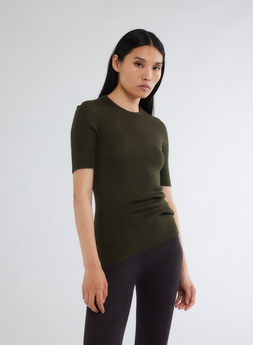 Pull Vert Col Rond Manches Coudes - MAJESTIC FILATURES