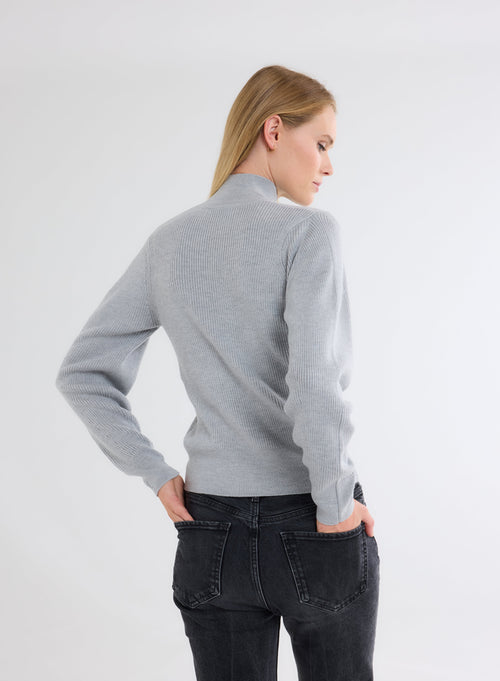 Grey ribbed sweater with high collar and long sleeves in Merino wool - MAJESTIC FILATURES