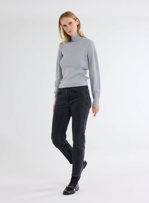 Grey ribbed sweater with high collar and long sleeves in Merino wool - MAJESTIC FILATURES