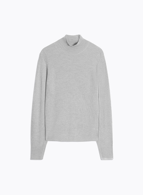 Grey ribbed sweater with high collar and long sleeves in Merino wool - MAJESTIC FILATURES