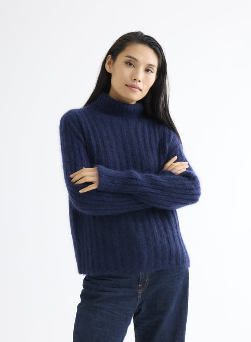 Navy Turtleneck Long Sleeve Sweater - MAJESTIC FILATURES