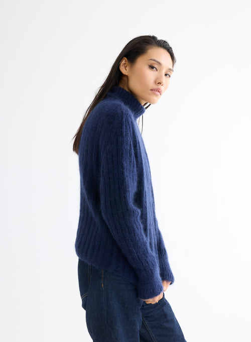 Navy Turtleneck Long Sleeve Sweater - MAJESTIC FILATURES