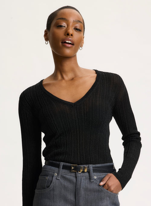 Black V-neck Long Sleeve Sweater - MAJESTIC FILATURES