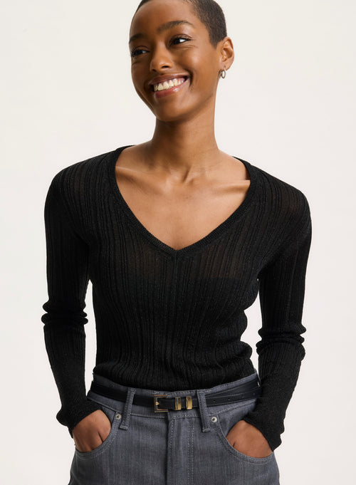 Black V-neck Long Sleeve Sweater - MAJESTIC FILATURES