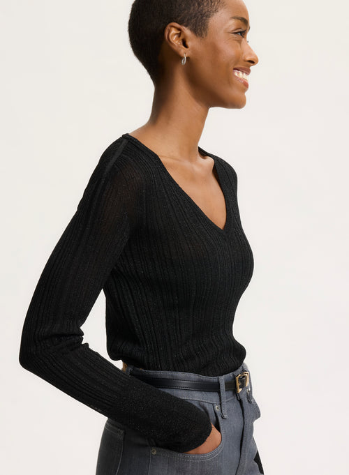 Black V-neck Long Sleeve Sweater - MAJESTIC FILATURES