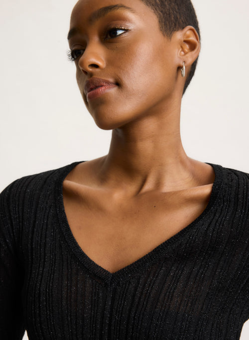 Black V-neck Long Sleeve Sweater - MAJESTIC FILATURES