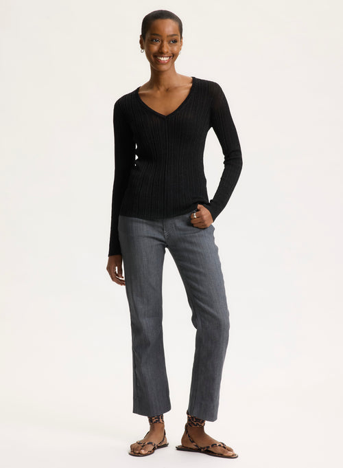 Black V-neck Long Sleeve Sweater - MAJESTIC FILATURES