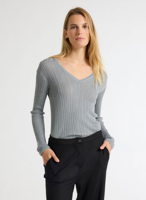 Pull gris Col V Manches Longues - MAJESTIC FILATURES