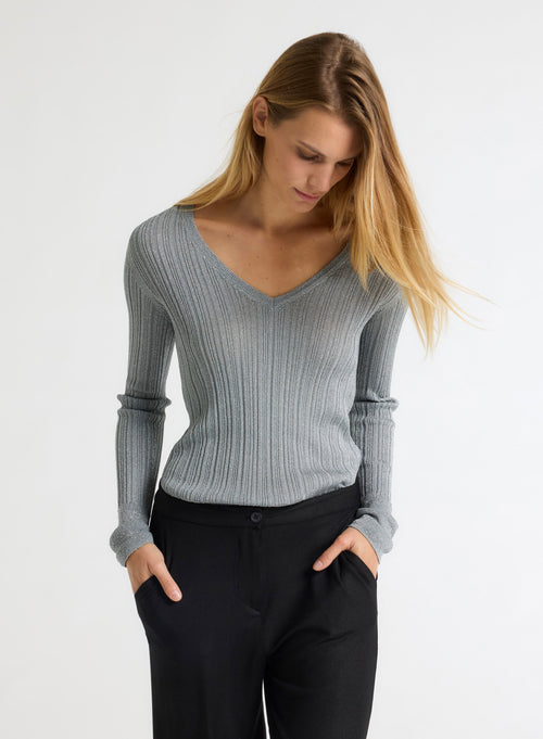 Pull gris Col V Manches Longues - MAJESTIC FILATURES