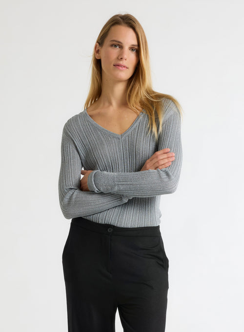 Pull gris Col V Manches Longues - MAJESTIC FILATURES