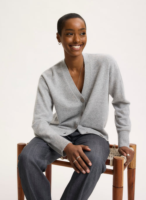 Grey V-neck Long-sleeved cardigan - MAJESTIC FILATURES