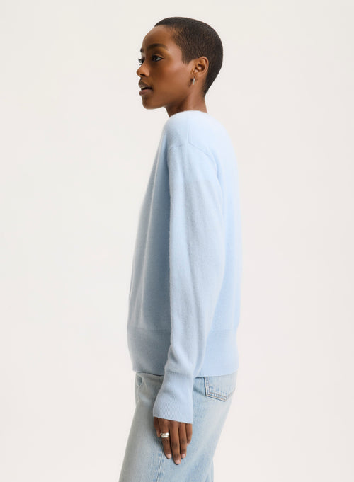 Blue Crew Neck Elbow Sleeve Sweater - MAJESTIC FILATURES