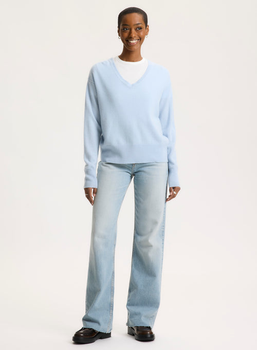 Blue Crew Neck Elbow Sleeve Sweater - MAJESTIC FILATURES