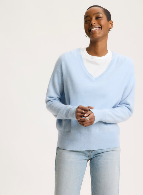 Blue Crew Neck Elbow Sleeve Sweater - MAJESTIC FILATURES