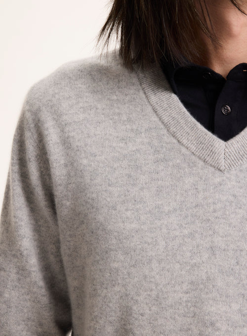 Pull Gris Col V Manches Longues - MAJESTIC FILATURES