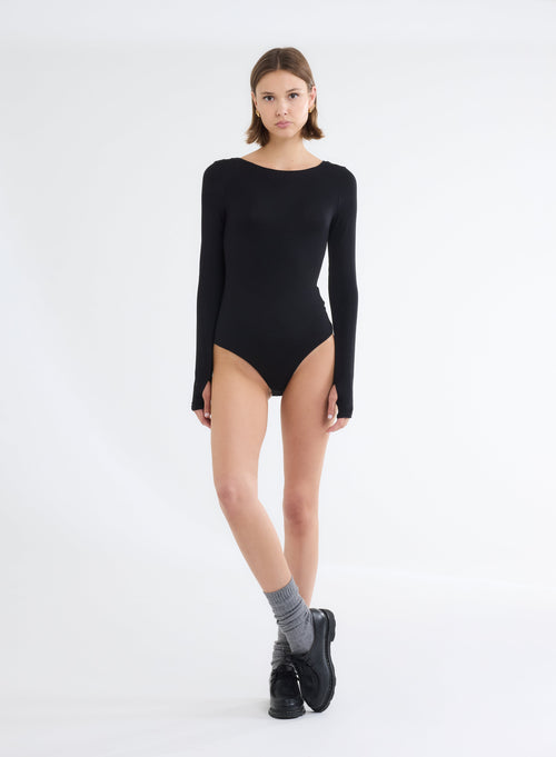 Body noir col bateau manches longues en Viscose / Elasthanne - MAJESTIC FILATURES