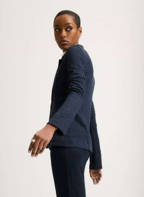 Long-sleeved Navy Jacket in Linen - MAJESTIC FILATURES