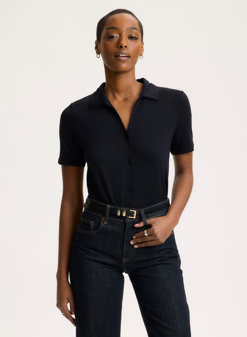 Black Polo Collar Short Sleeves - MAJESTIC FILATURES