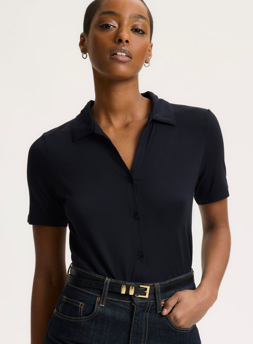 Black Polo Collar Short Sleeves - MAJESTIC FILATURES