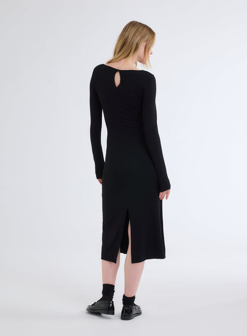 Robe Noire Col Bateau Manches Longues en Viscose / Elasthanne - MAJESTIC FILATURES