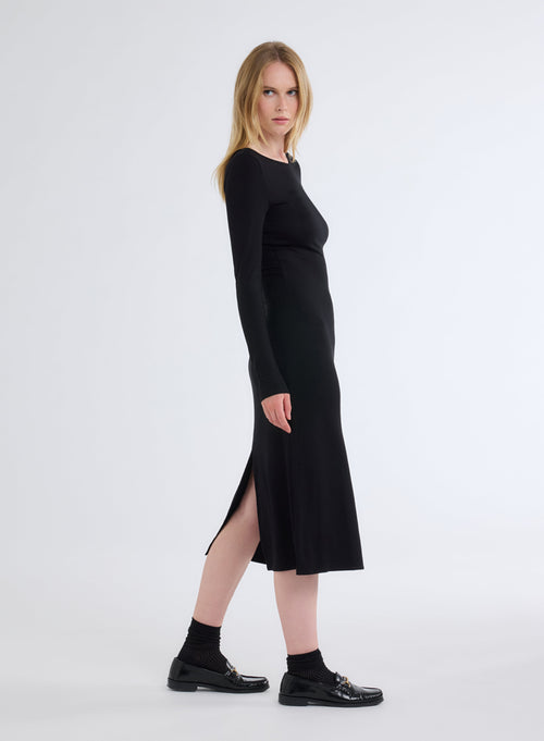 Robe Noire Col Bateau Manches Longues en Viscose / Elasthanne - MAJESTIC FILATURES