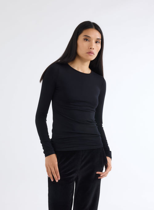 T-shirt Noir Ally Col Rond en Viscose / Élasthanne - MAJESTIC FILATURES