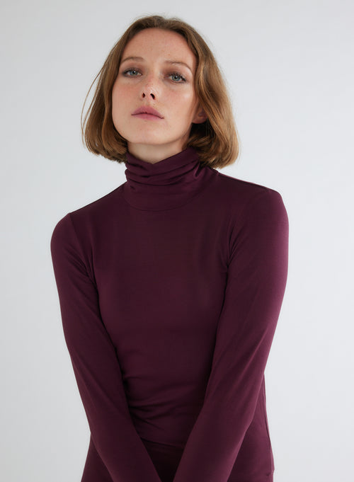 T-shirt Violet Col Roulé Manches Longues en Viscose et Élasthanne - MAJESTIC FILATURES