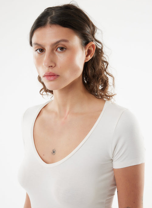 Tee shirt Blanc Manches Courtes Col V en Viscose / Elasthanne - MAJESTIC FILATURES