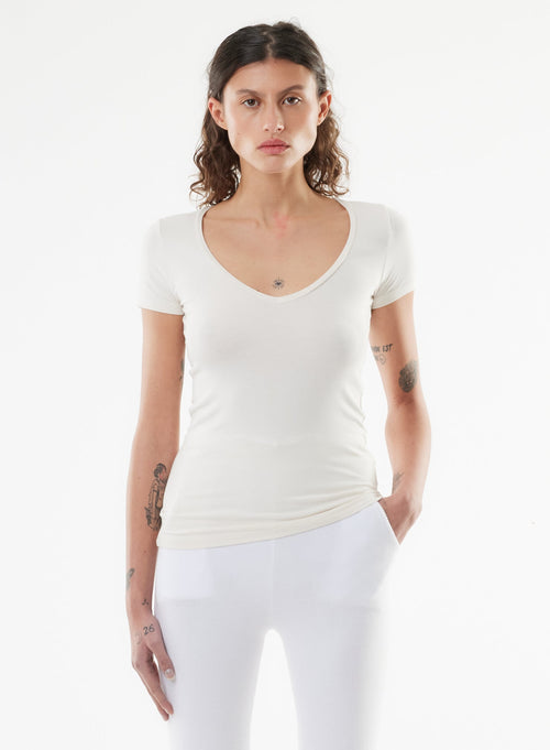 Tee shirt Blanc Manches Courtes Col V en Viscose / Elasthanne - MAJESTIC FILATURES