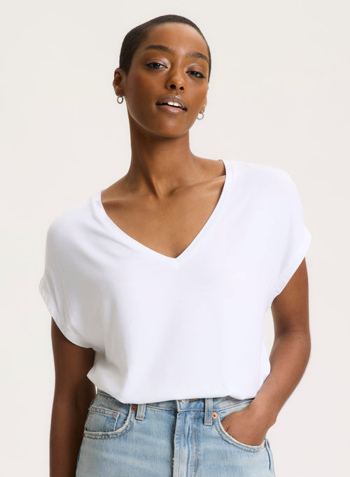 White Short Sleeve V-Neck T-Shirt in Viscose and Elastane - MAJESTIC FILATURES