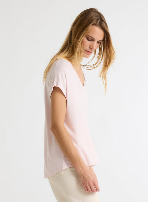 Tee shirt Rose Col V Manches Courtes en Viscose / Élasthanne - MAJESTIC FILATURES