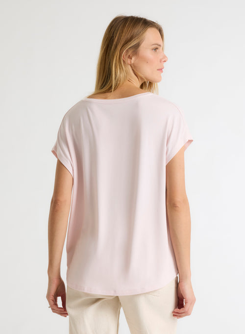 Tee shirt Rose Col V Manches Courtes en Viscose / Élasthanne - MAJESTIC FILATURES