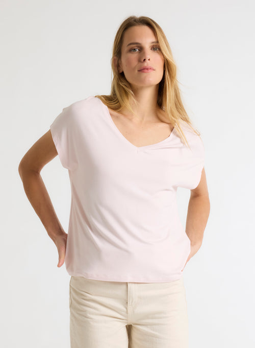 Tee shirt Rose Col V Manches Courtes en Viscose / Élasthanne - MAJESTIC FILATURES