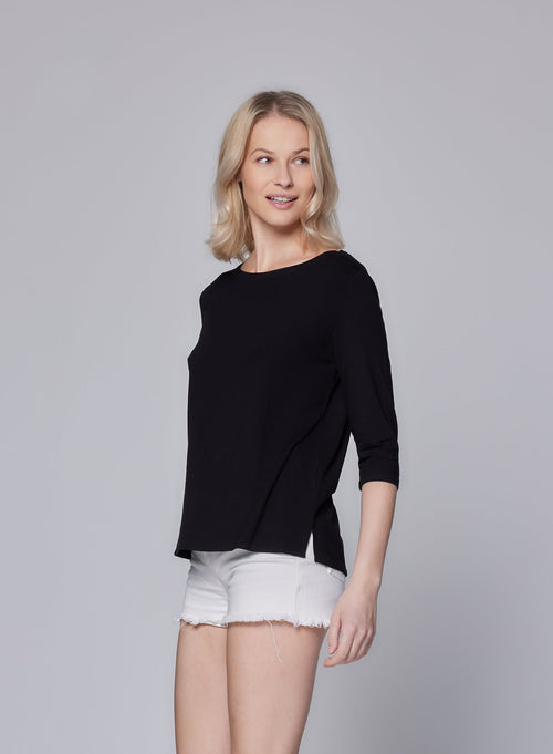 Tee shirt Noir Manches 3/4 Col Bateau en Viscose / Elasthanne - MAJESTIC FILATURES