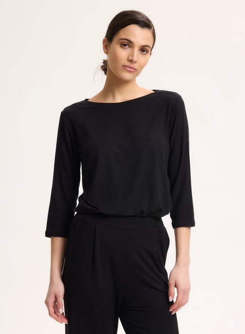 Black T-shirt 3/4 Sleeves Boat Neck in Viscose and Elastane - MAJESTIC FILATURES