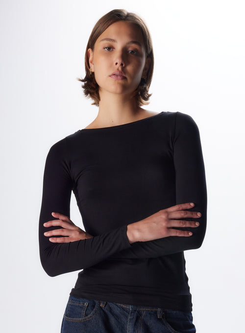 T-shirt Noir Col Bateau Manches Longues en Viscose / Elasthanne - MAJESTIC FILATURES