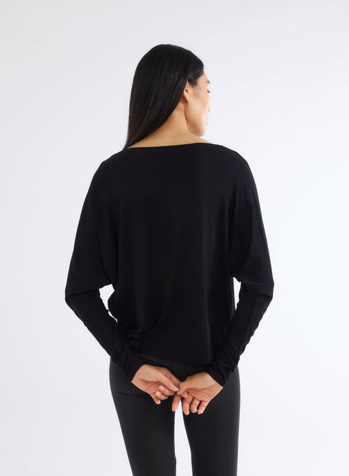 T-shirt Noir Col Rond Manches Longues en Viscose et Élasthanne - MAJESTIC FILATURES