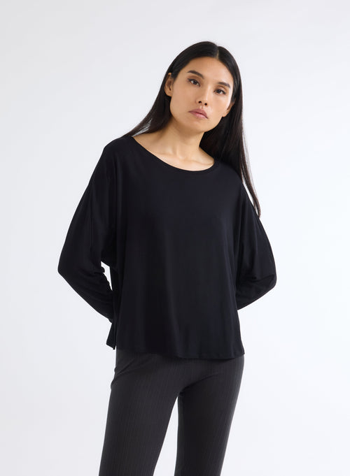 T-shirt Noir Col Rond Manches Longues en Viscose et Élasthanne - MAJESTIC FILATURES