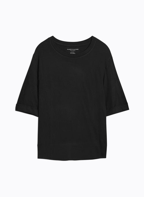 Tee shirt Noir Manches Coudes Col Rond en Viscose / Elasthanne - MAJESTIC FILATURES