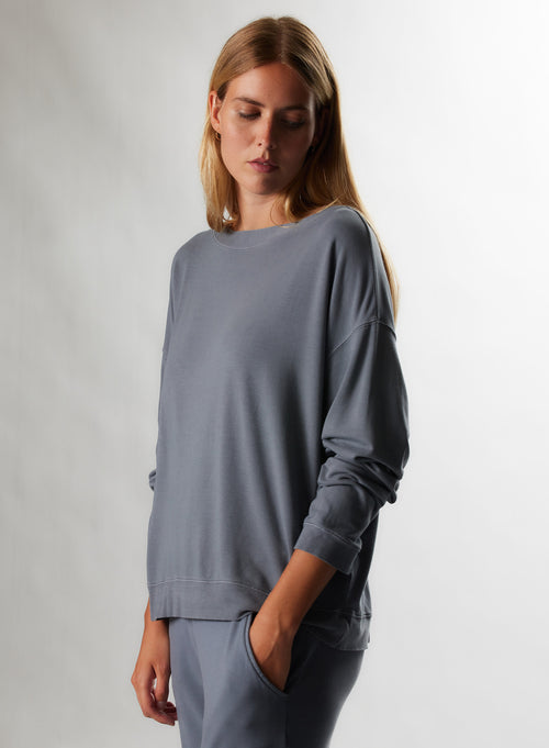 Sweaters Bleu grisé Col Bateau Manches Longues en Viscose / Elasthanne - MAJESTIC FILATURES