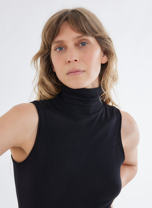 Black cotton and cashmere high neck tank top - MAJESTIC FILATURES