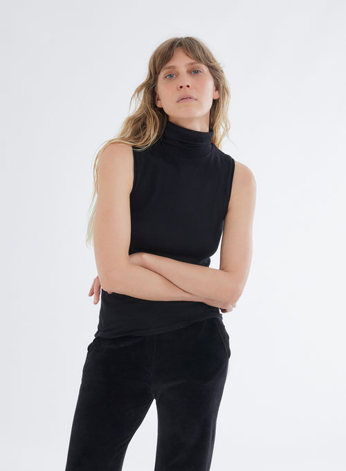 Black cotton and cashmere high neck tank top - MAJESTIC FILATURES