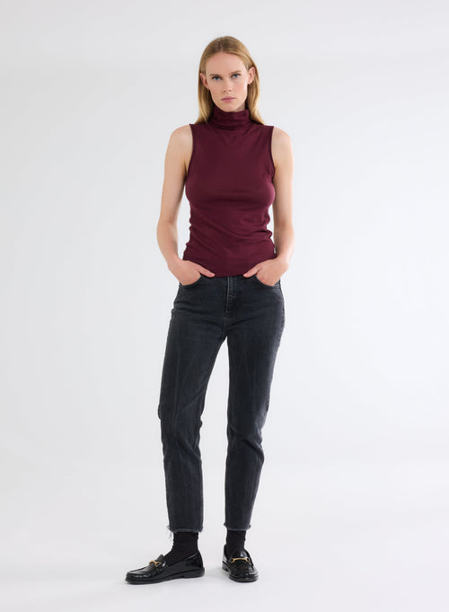 Burgundy cotton and cashmere high-neck tank top - MAJESTIC FILATURES