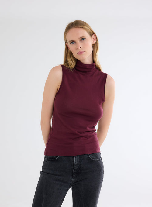 Burgundy cotton and cashmere high-neck tank top - MAJESTIC FILATURES