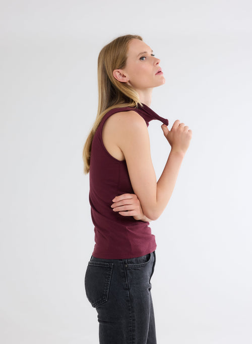 Burgundy cotton and cashmere high-neck tank top - MAJESTIC FILATURES