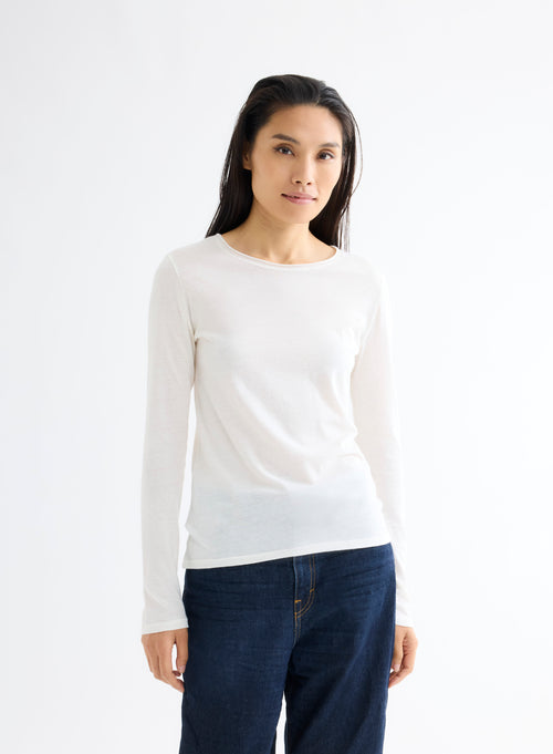 Milk White Round Neck Long Sleeve Cotton and Cashmere T-shirt - MAJESTIC FILATURES