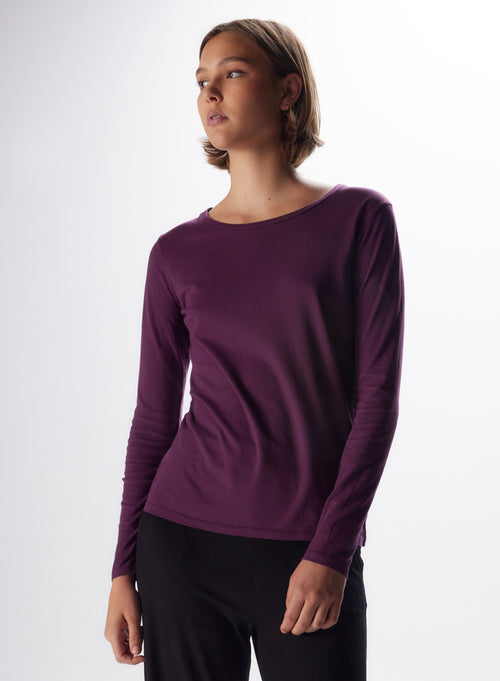 T-shirt Aubergine Col Rond Manches Courtes en Coton - MAJESTIC FILATURES